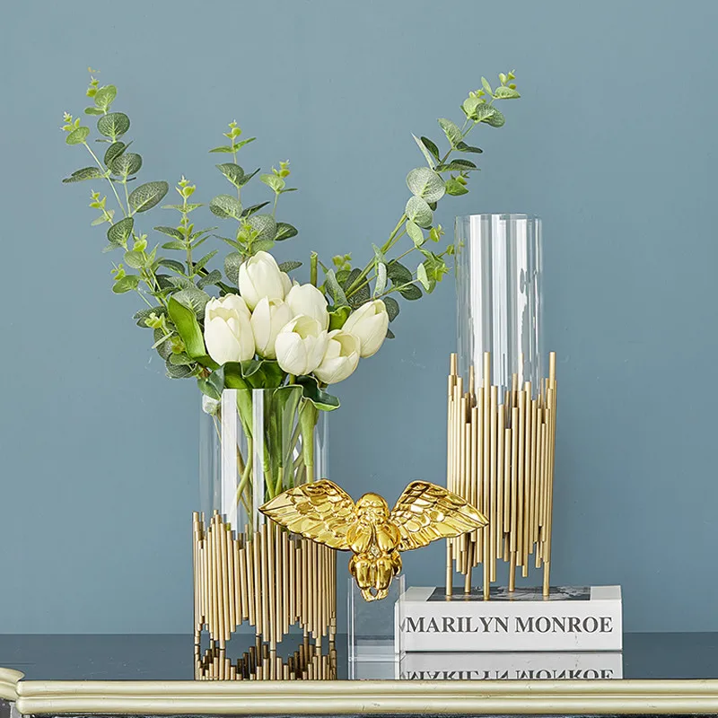 

Home Decoration Metal Glass Vase Flower Arrangement Countertop Simulation Decorative Vase