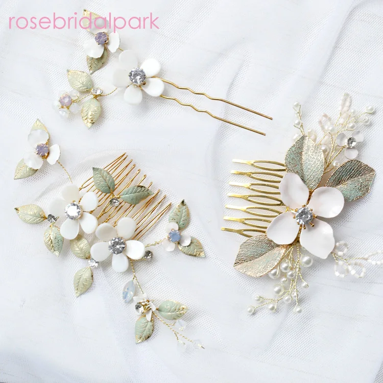 Rosebridalpark потрясающий цветочный свадебный головной убор Золотая расческа для