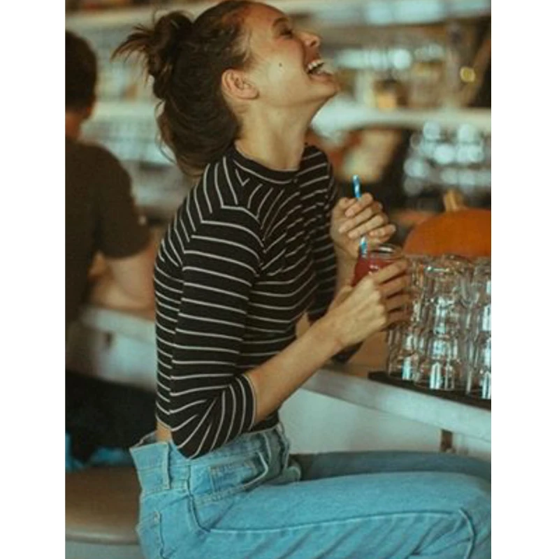 Женский укороченный топ в полоску с высоким воротником и длинным рукавом|striped crop