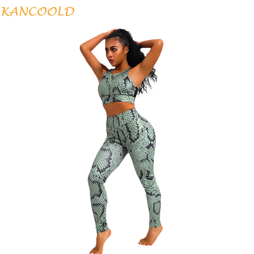 KANCOOLD спортивный костюм для женщин, комплект для йоги, энергетические бесшовные леггинсы+ бюстгальтер на бретельках, 2 шт., сексуальные леггинсы со змеиным рисунком, спортивный женский костюм для фитнеса