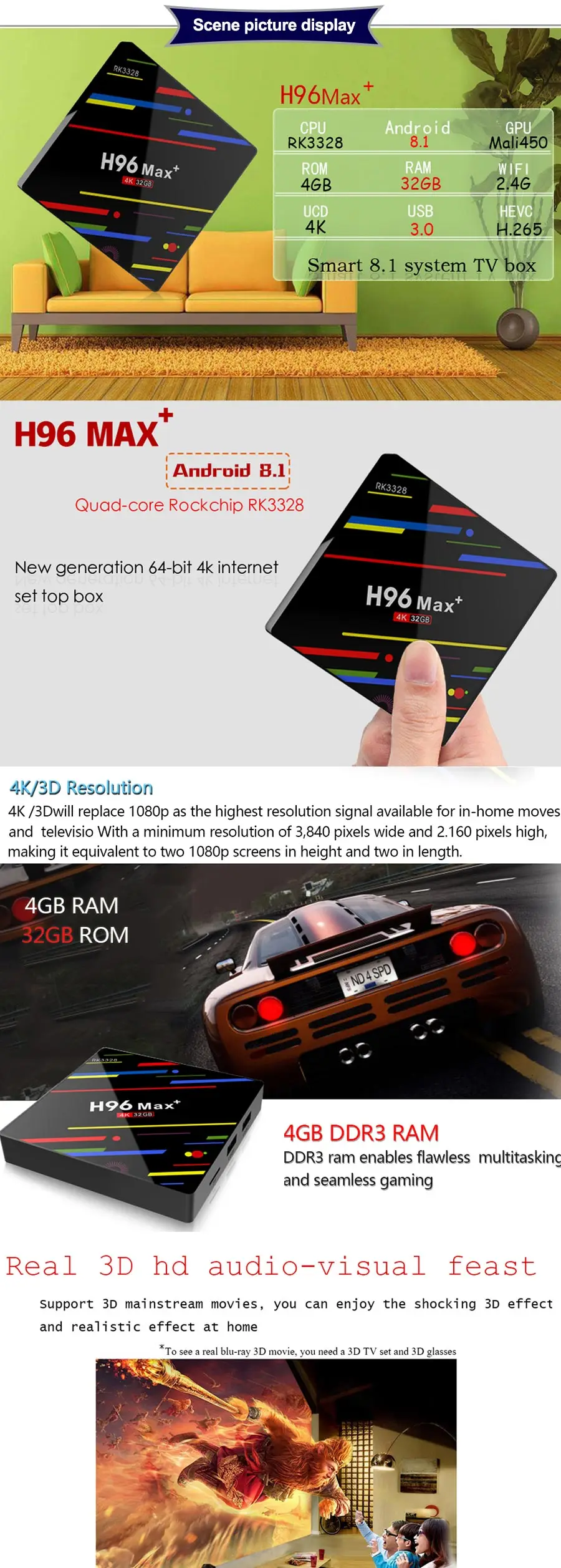 Android 8,1 smart tv box H96 MAX 4 ГБ ОЗУ 32 Гб ПЗУ медиаплеер Четырехъядерный 4K HDR10 USB 3,0 H.265 декодер WiFi 2,4G телеприставка