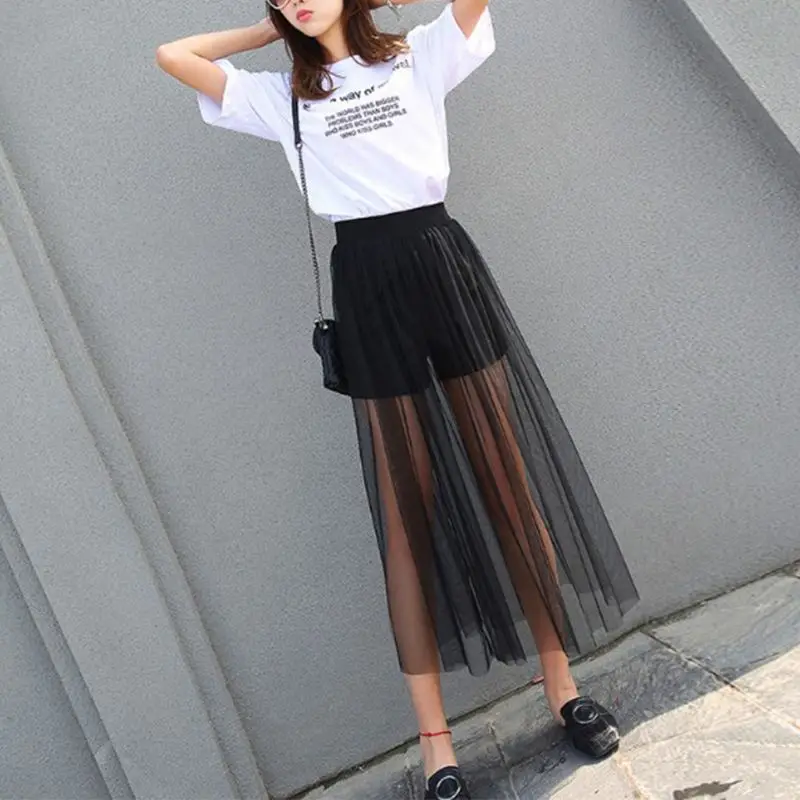 Женская прозрачная длинная Тюлевая юбка ультратонкая с высокой талией для