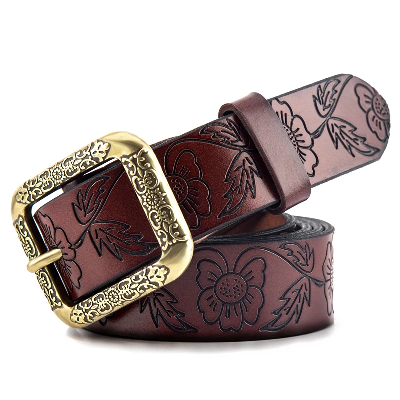 Винтажный женский ремень из натуральной кожи пояс воловьей с резным цветком для