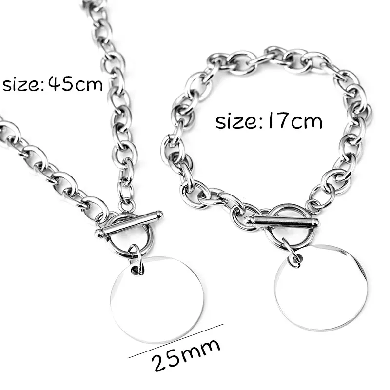Rivca Wholesale Stainless Steel jewelry set chain custom OT clasp Necklace Bracelet for women man engrave round charm | Украшения и