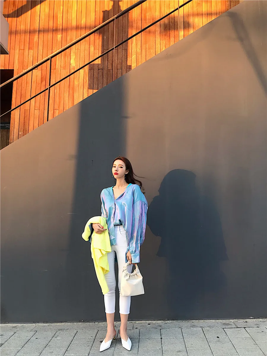 WHITNEY WANG,, Весенняя модная уличная одежда, корейский стиль, металлик, большие размеры, блузка для женщин, blusas, рубашка для девочек, топы