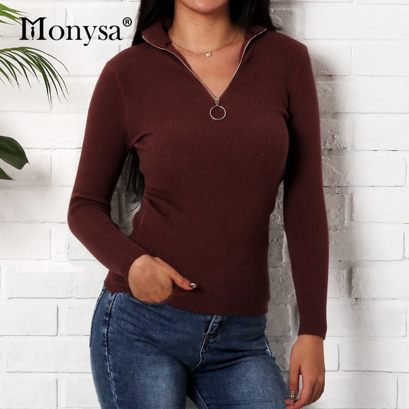 Casual Autumn Winter Sweaters Fashion 2018 Women V Neck Slim Jumpers Knitted Sweater Ladies Pullover Zipper Sueter Mujer | Женская