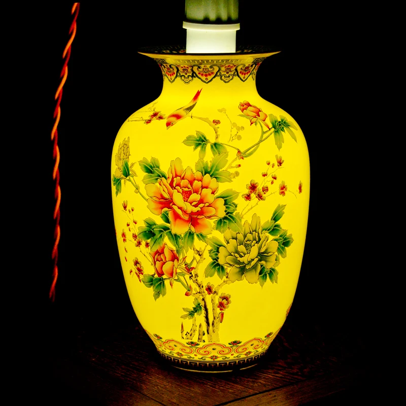 

Jingdezhen Modern Ceramic Vase Famille Rose Porcelain Vases With Yellow Glaze Flowers and Birds Pattern Sitting Room Bedroom