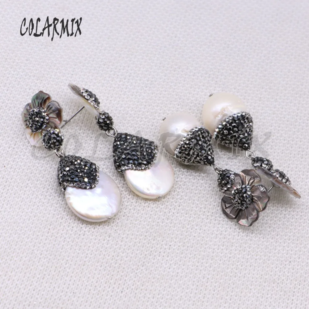 Natural pearls earrings pave rhinestone flower shell fashion jewelry wholesale Jewelry gift for lady 4459 | Украшения и
