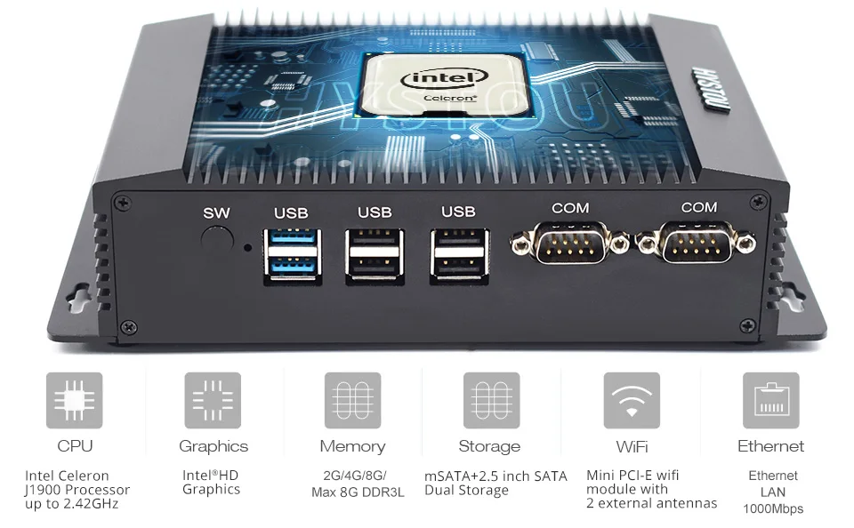 Двойной LAN Мини ПК Windows 7 безвентиляторный мини ПК Intel Celeron J1900 RS485 COM USB wifi промышленный ПК настольный компьютер