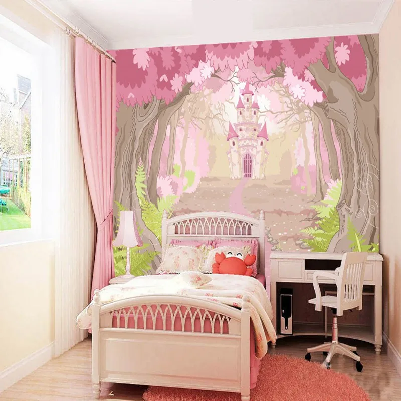 Фотообои ручной росписи мультяшный лес замок феи сказочный мир фон для детской