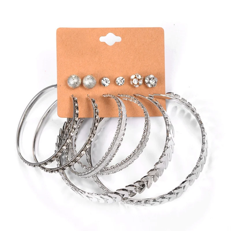 Набор из 6 серег-колец с украшением в виде листьев для женщин золотистом