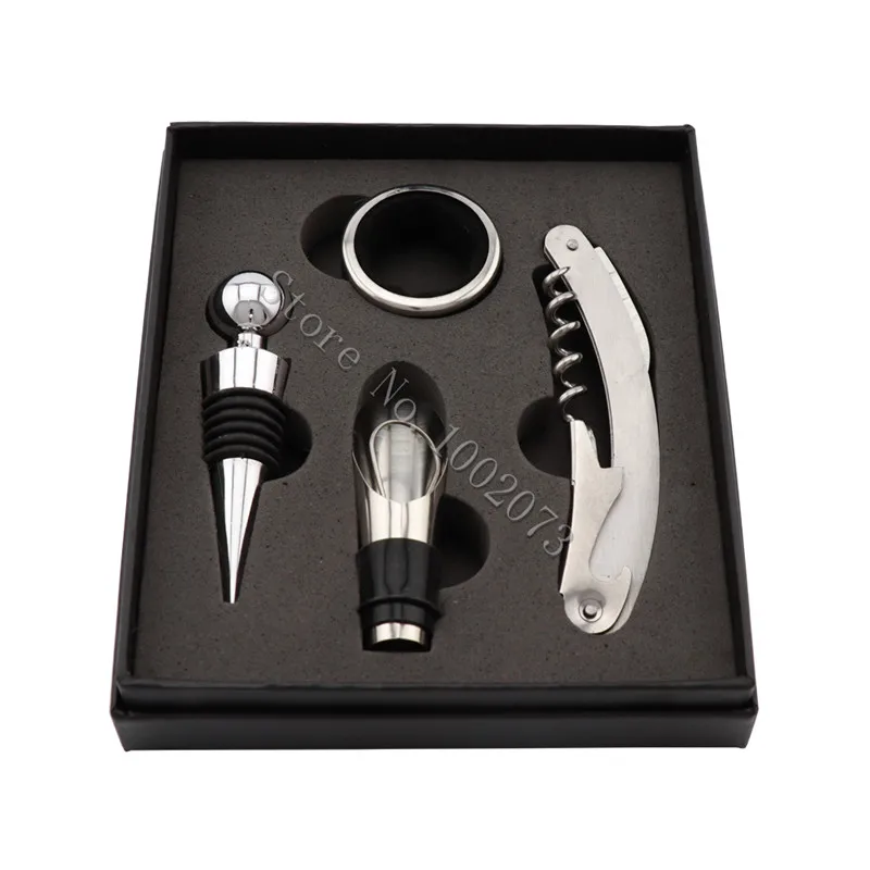 

Stainless Steel Wine Tool Gift Set Bottle Opener Corkscrew Stopper Pourer Drip Ring 4pcs/set