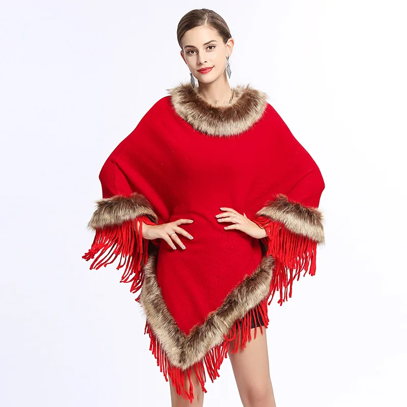 6 Color Women Jacquard Weave Poncho Winter Faux Fox Fur Neck Shawl Cloak Warm Triangle Tassel Loose Out Streetwear Pullover Coat