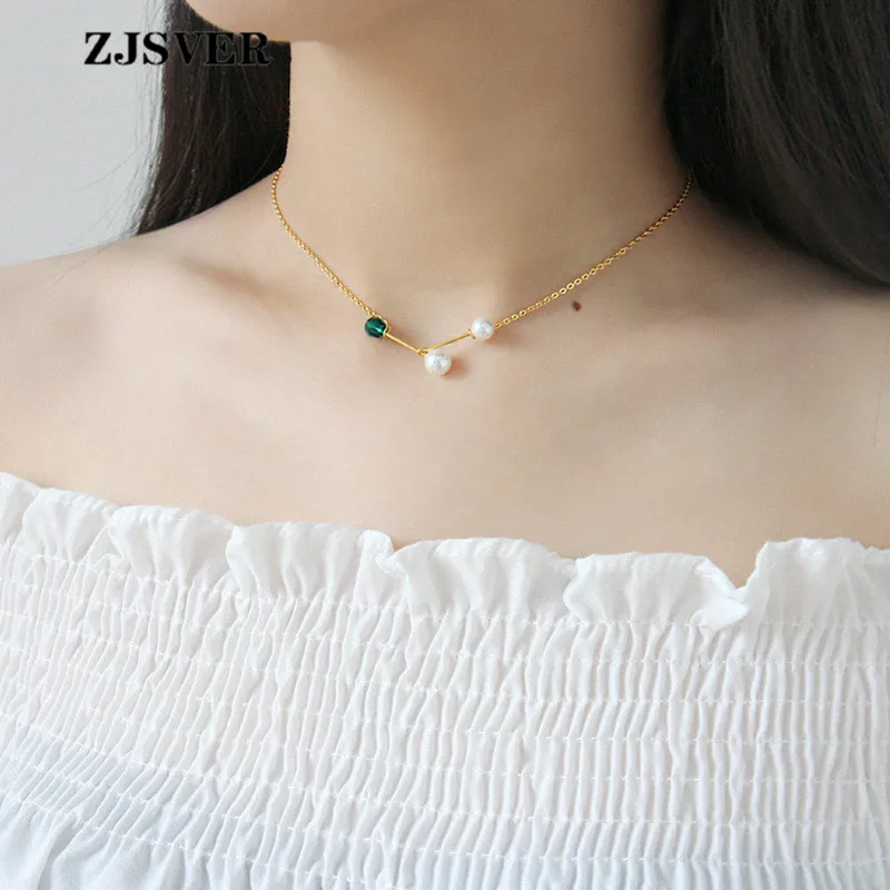 necklace ZJSVER, 925 пробы, серебряные ювелирные изделия, набор спичек, форма с жемчугом, ожерелье, браслет, серьги, кольцо для женщин, модное ювелирное изделие - Цвет камня: necklace