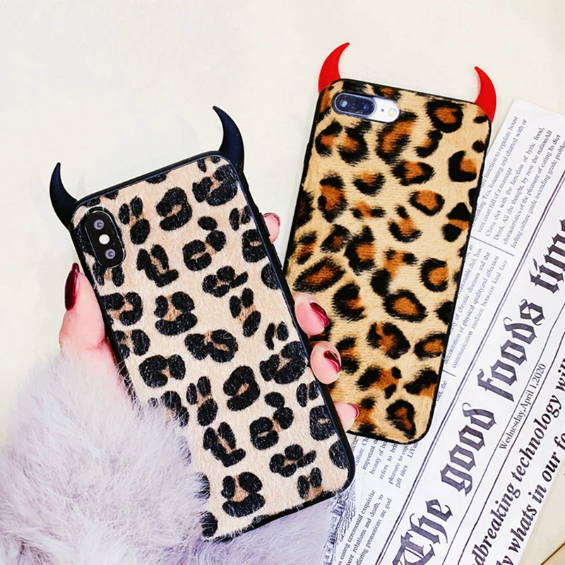VIAERSON Devil Horn Cases For iPhone XS Max XR 6 6S 7 8 Plus Vintage Leopard Print Full Body Soft Fluffy Phone Back Cover |