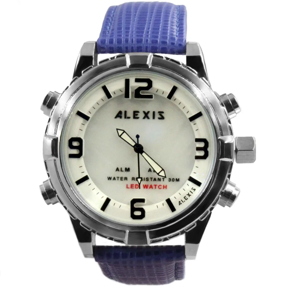 Часы Alexis Fashion Мужские водонепроницаемые LED andigit с кожаным ремешком черный белый