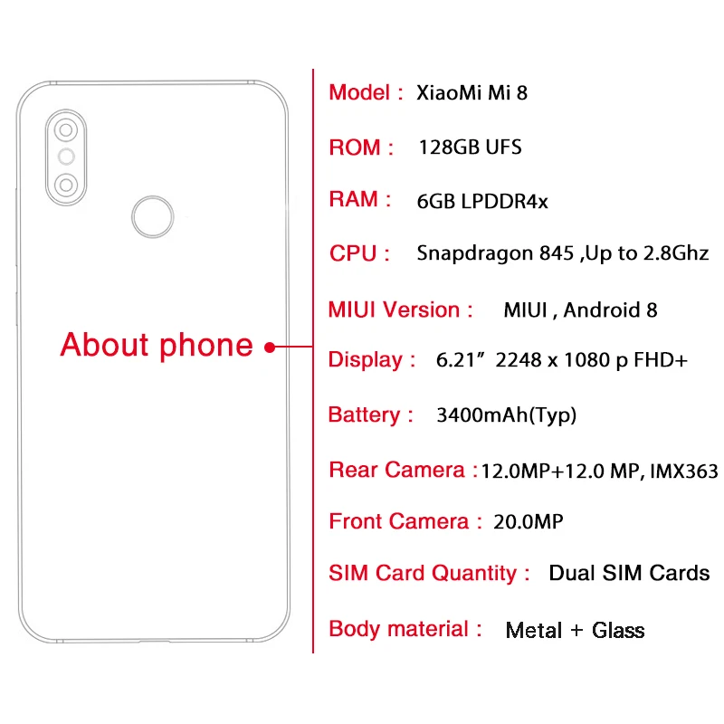Глобальная версия Xiaomi Mi 8 6 GB 128 Snapdragon 845 21 '&#x272248*1080 полный экран Amoled дисплей