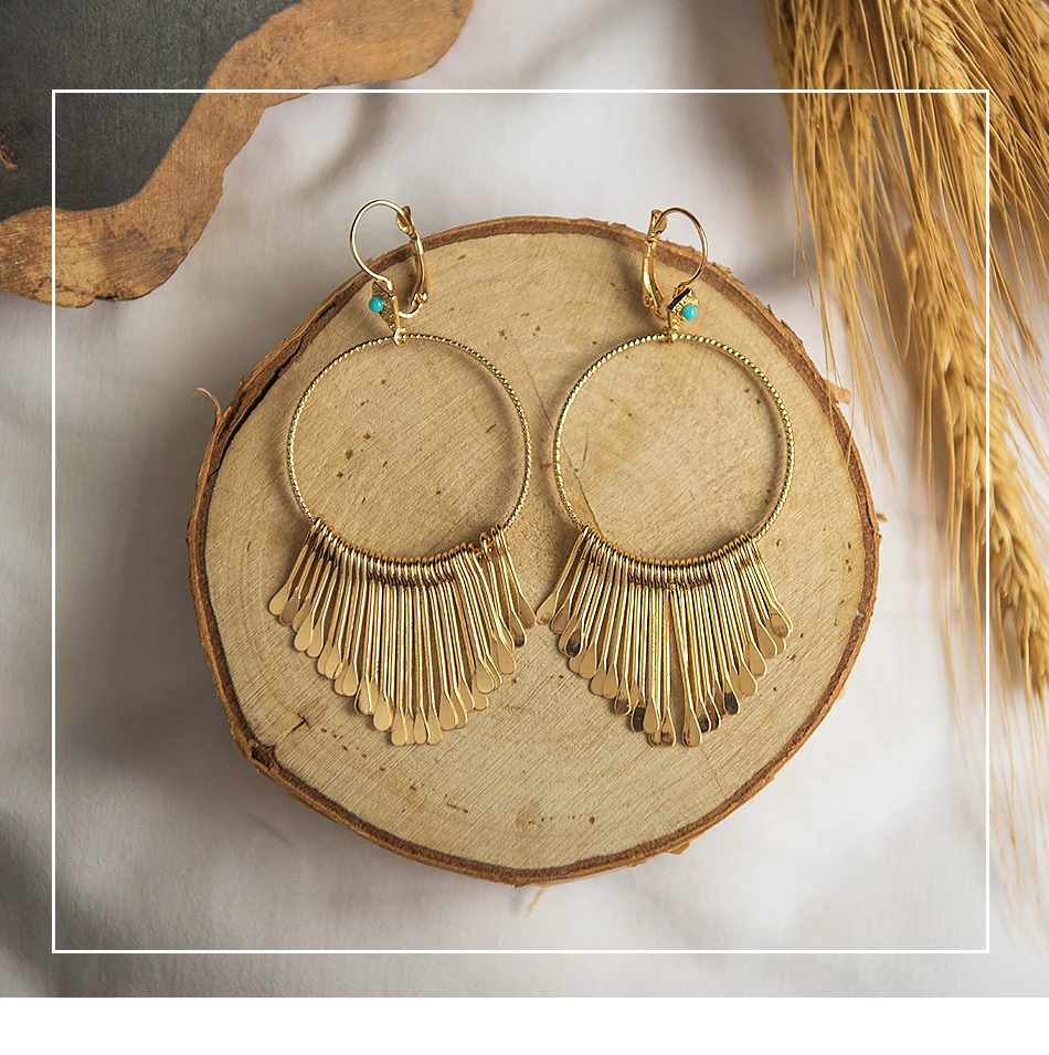 Wild&Free Boho Gold Metal Tassel Earrings For Women Big Round Circle Dangle Drop Earrings Ethic Charms Earring Fringed Jewelry