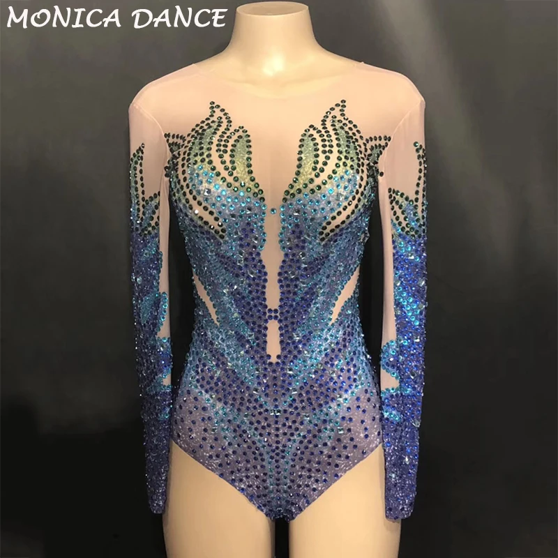Women Sexy Stage Net Yarn Bodysuit Full Of Colors Sparkling Crystal Jumpsuit Celebrate Nightclub Party Singer Dancer Stage Wear