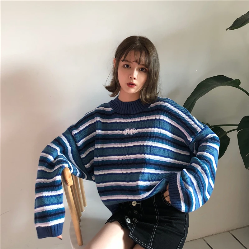 Женские свитера, новинка, Harajuku Kawaii, свитера, милые, милые, винтажные, в полоску, большие размеры, ВЯЗАННЫЙ ПУЛОВЕР, свитера, B460