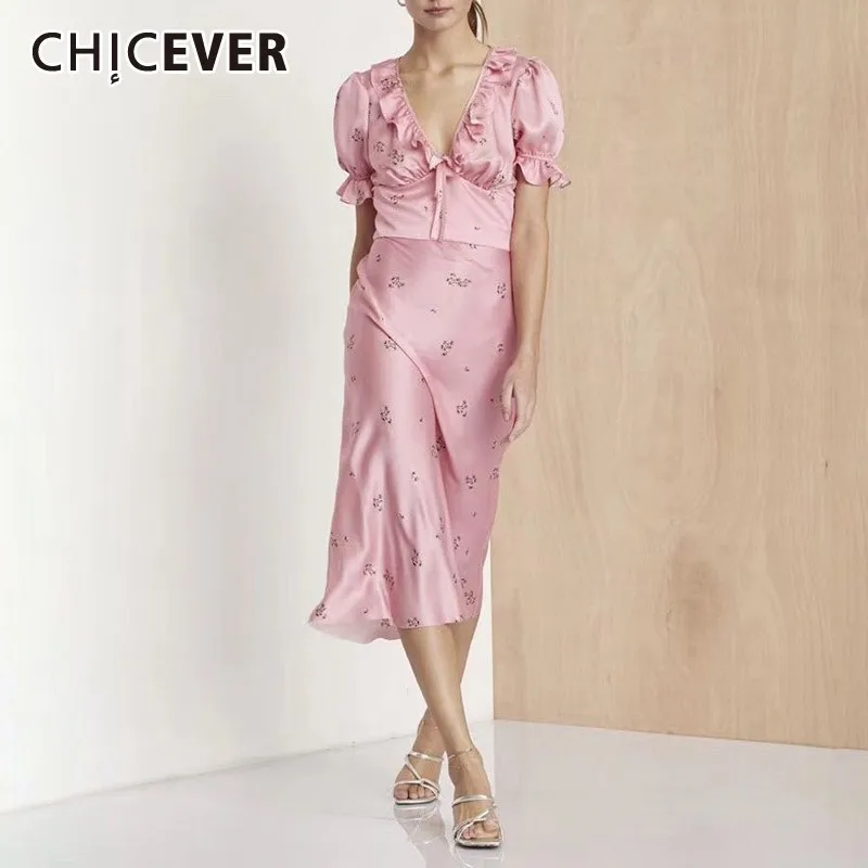 CHICEVER летний элегантный принт розовый женский костюм из двух частей с оборками V