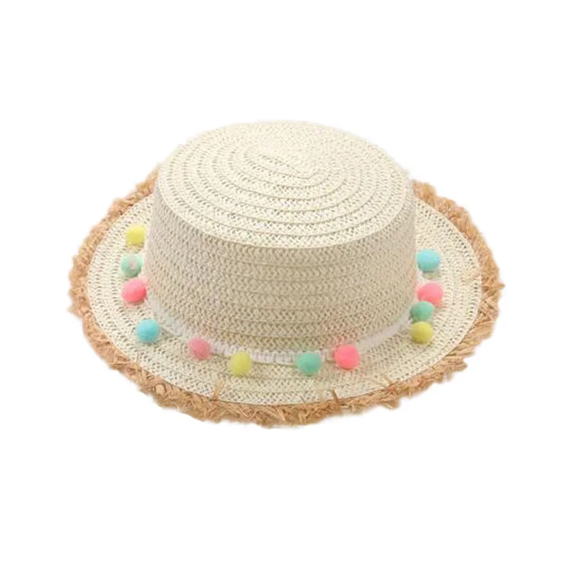 

2018 Child Summer Panama Sun Hats Colorful Tassel Balls Straw Hat Girl Floppy Wide Brim Beach Cap Flower Sombreros