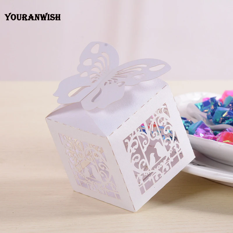

YOURANWISH 2019 New Deluxe Party Wedding Favor Laser Cut Pearl Paper Ribbon Candy Boxes Gift Box Classical Butterfly Bird Style