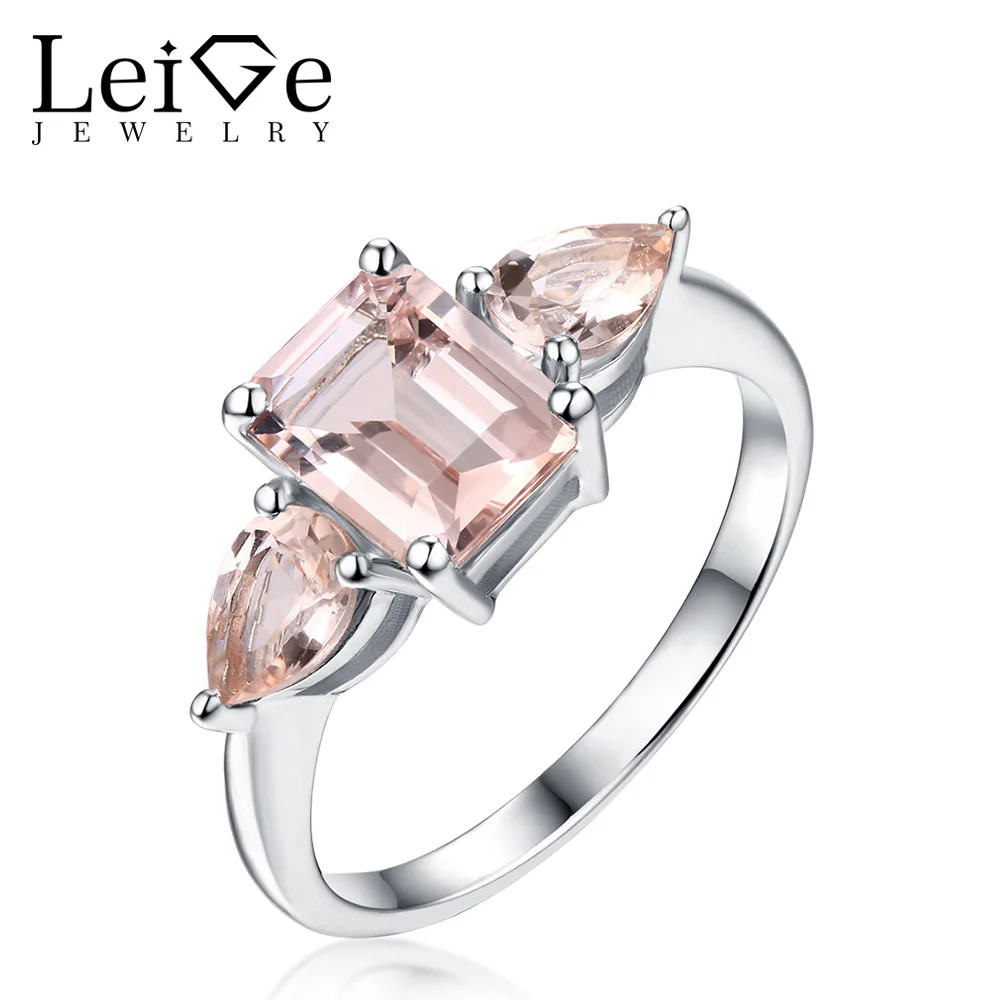 

Leige Jewelry Three Stones Ring with Pink Morganite Natural Gemstone 925 Silver Engagement Rings for Women Christmas Gift