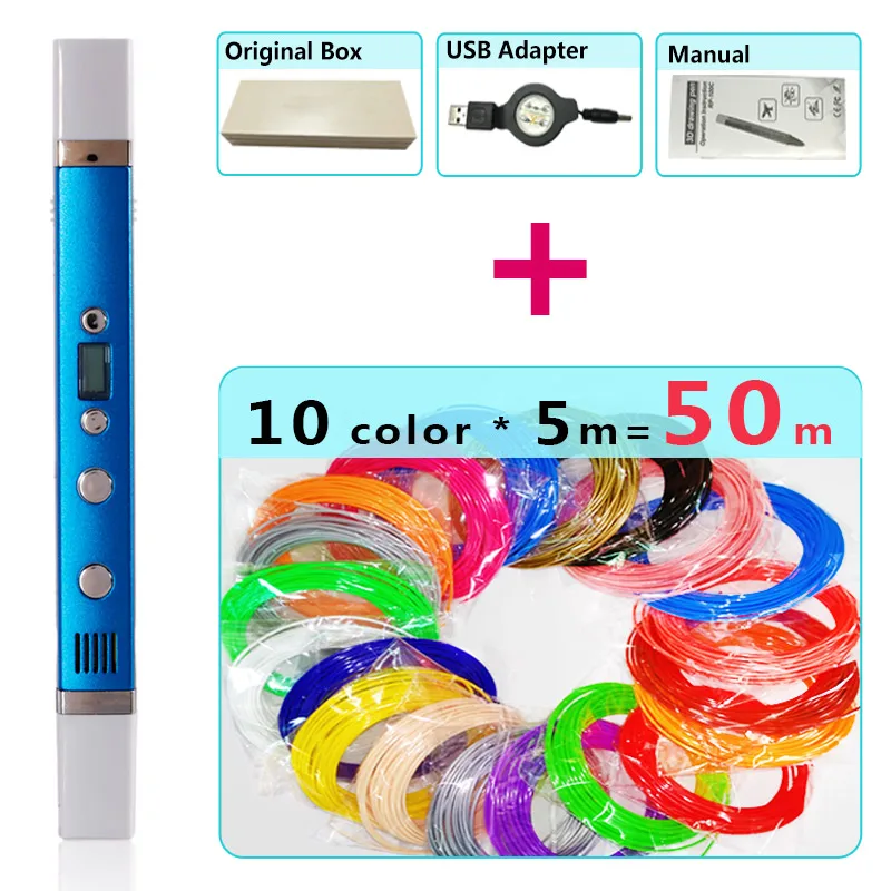 Blue pen Package 2 Myriwell 3d Ручка 3d ручки, светодиодный дисплей, usb зарядка, 3 d ручка smart3d печатная ручка ребенок день рождения present3d печать pen3d модель - Цвет: Blue pen Package 2