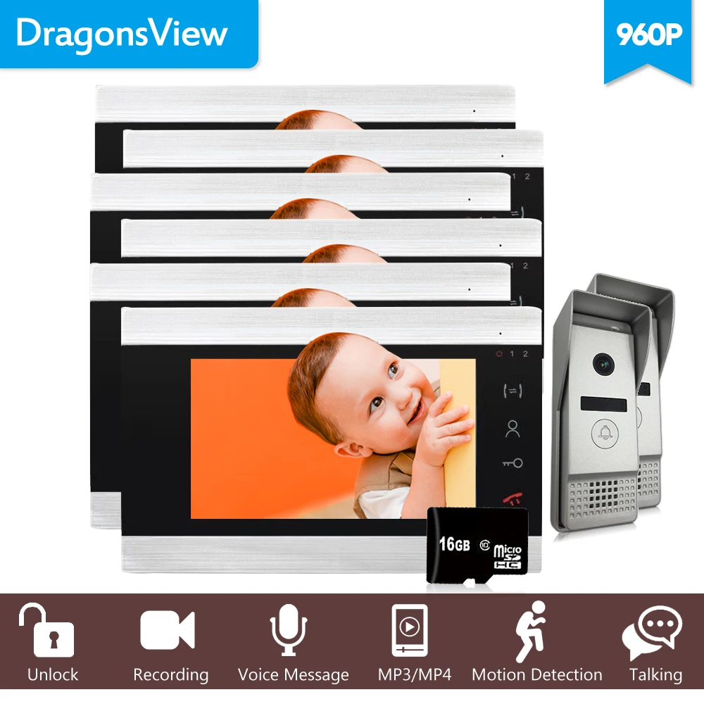Dragonsview 7 дюймов 960P видео домофон система 2 дверной Звонок камера интеркомы для