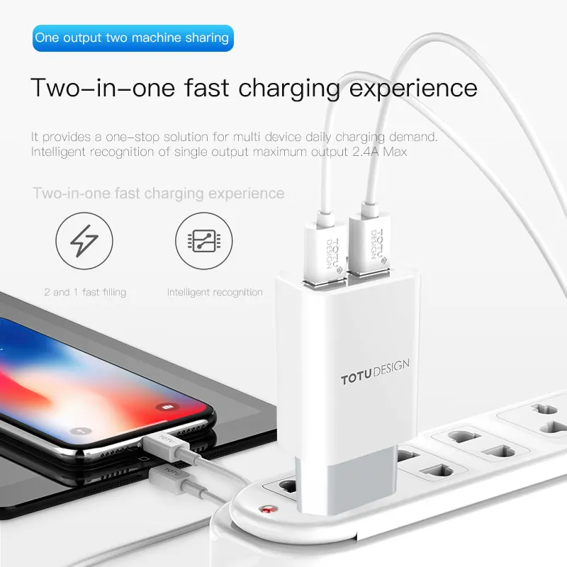 TOTU Dual USB Зарядное устройство для мобильного телефона iPhone ЕС Plug 2.4A быстро стены
