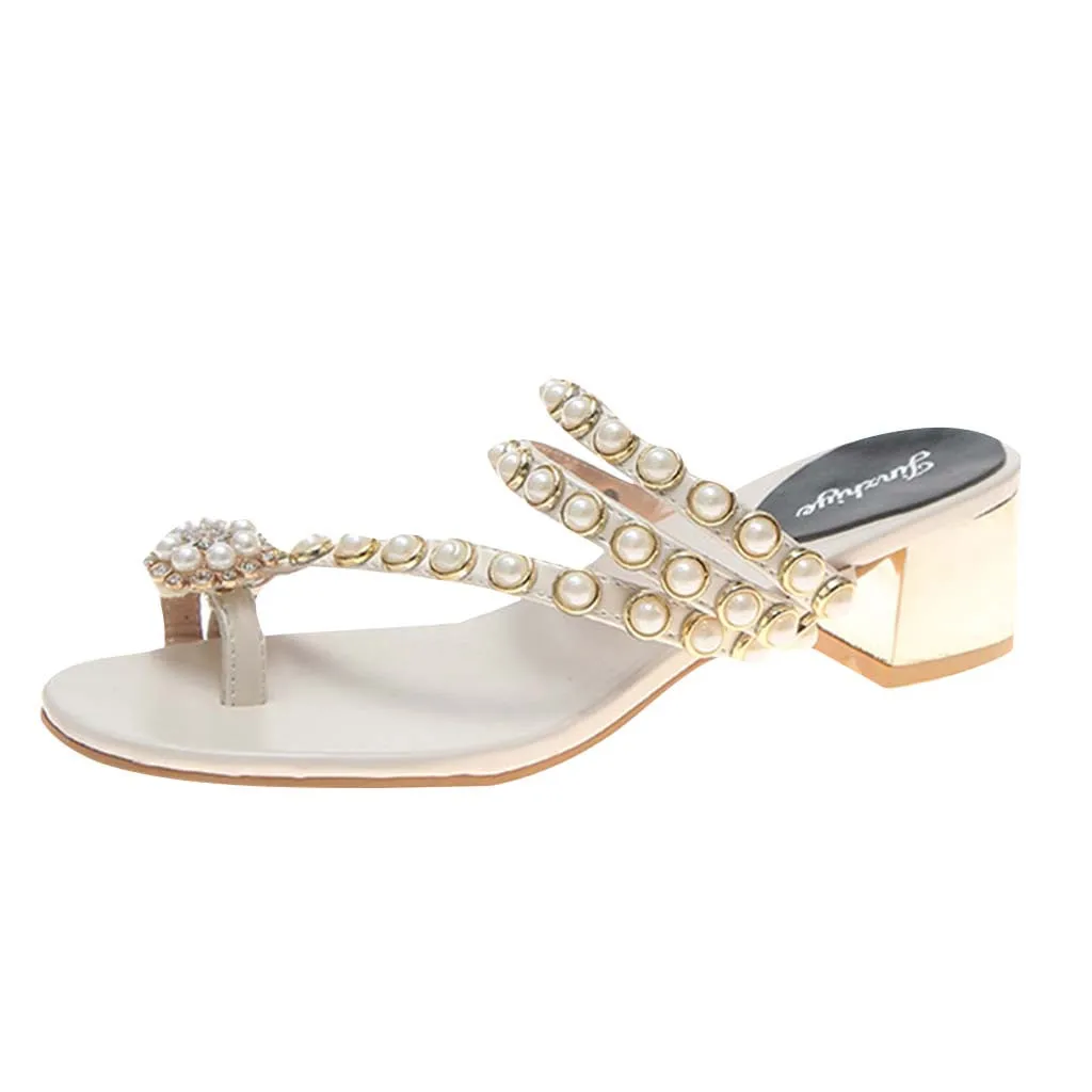 Модные шлепанцы на квадратном каблуке летние женские с жемчугом и кристаллами