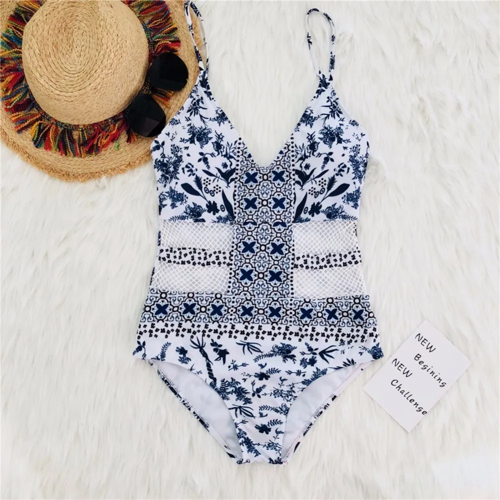 Женский купальник с винтажным принтом 2018 сексуальный цельный сетчатый лоскутный