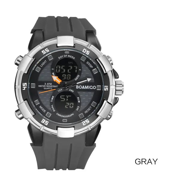 gray Мужские часы BOAMIGO, спортивные цифровые часы, светодиодный дисплей, резиновый ремешок, наручные часы 30 м, водонепроницаемые часы с датой и неделей, Желтые часы в подарок - Цвет: gray