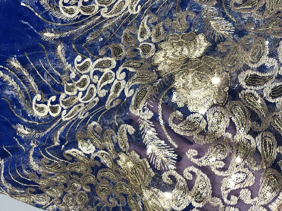 Высококачественное Королевское синее африканская кружевная ткань с золотыми