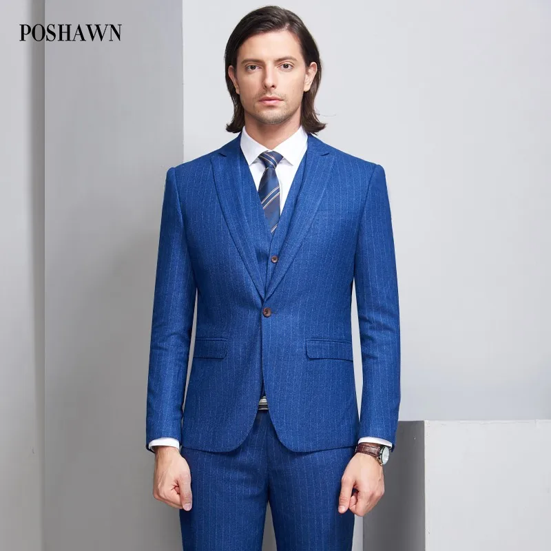 POSHAWN Роскошные 2018 костюм Mariage Для мужчин тонкий в полоску синий праздничная