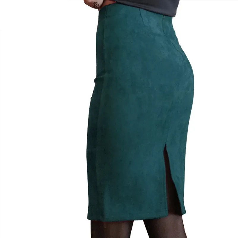 Super Deals Fashion Women Suede Solid Color Pencil Skirt Female Spring Autumn Basic High Waist Bodycon Split Knee Length Skirts