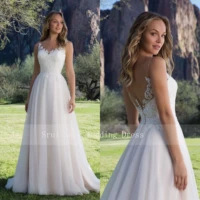 hot sale tulle wedding dress a line gown with scoop lace neckline sleeveless bridal gowns 2019 v back
