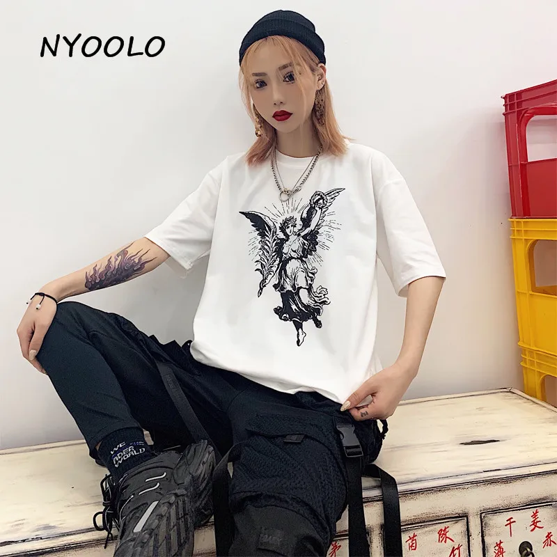 NYOOLO Novelty style angle wing print tees Summer streetwear short sleeve O-neck cotton t-shirts women clothing classic tops | Женская