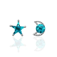 100 925 sterling silver fashion moon star blue crystal asymmetric ladies stud earrings female gift wholesale women jewelry