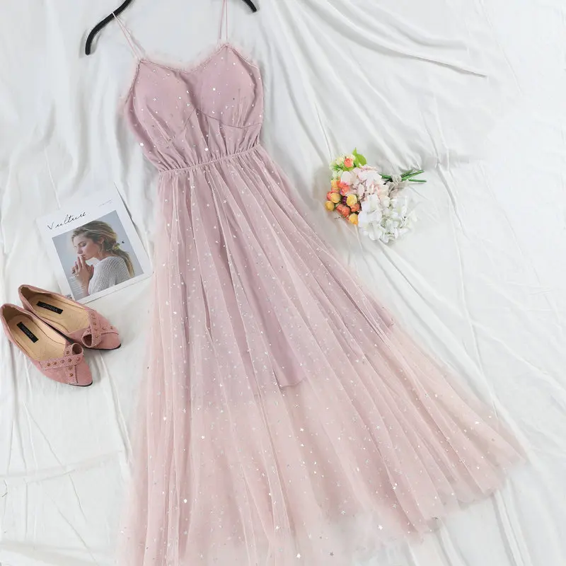Women Dress Женское летнее платье на бретельках с блестками, повседневное эластичное тонкое сетчатая вуаль с высокой талией, плиссированное платье из тюля - Цвет: Women Dress