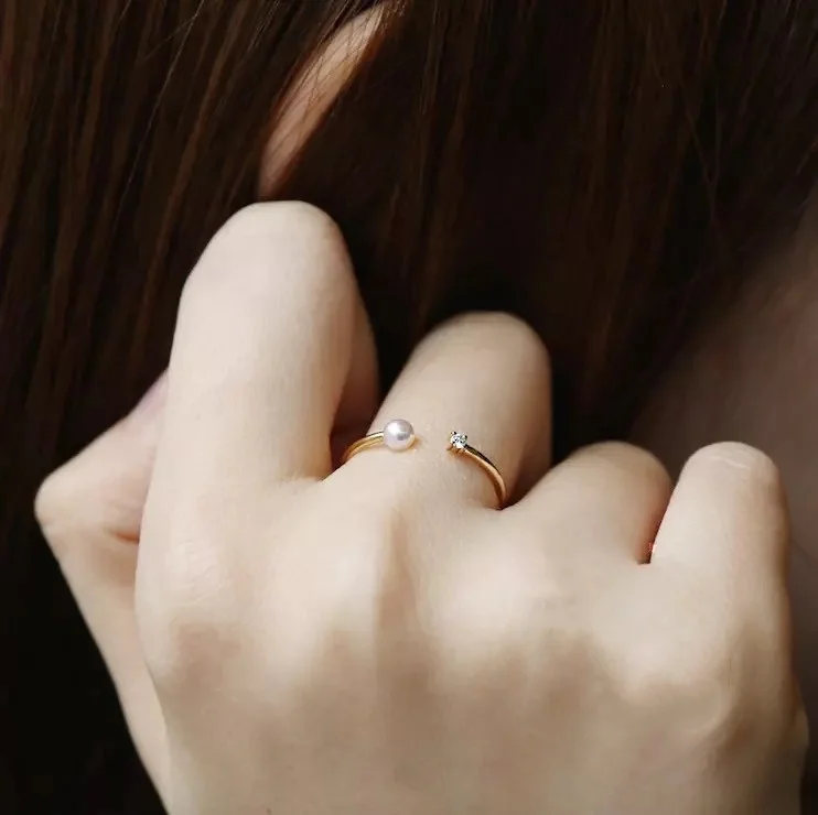 New Plated 14K Yellow Gold Ring Japanese Light Luxury Natural Shell Pearl with Diamond Open Rings Jewelry | Украшения и