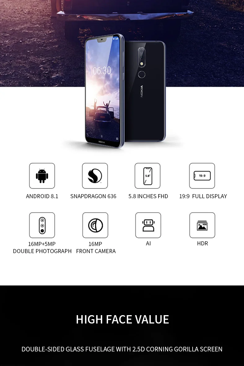 Мобильный телефон Nokia X6/6,1 plus, 5,8 дюймов, 18:9 FHD+ Восьмиядерный процессор Snapdragon 636, 3060 мАч, Мп+ Мп камера, сканер отпечатков пальцев, смартфон