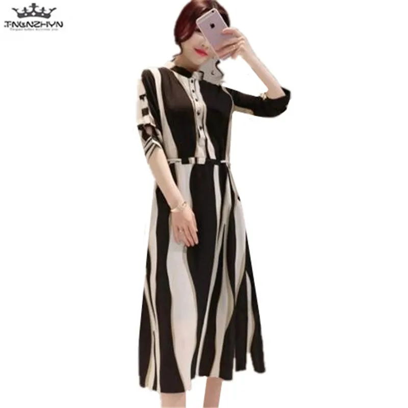 

tnlnzhyn 2019 Spring Summer Women Chiffon Dresses Women 3/4 Sleeves Stripes Dress Elegant Women Casual Office Lady Dress Y941
