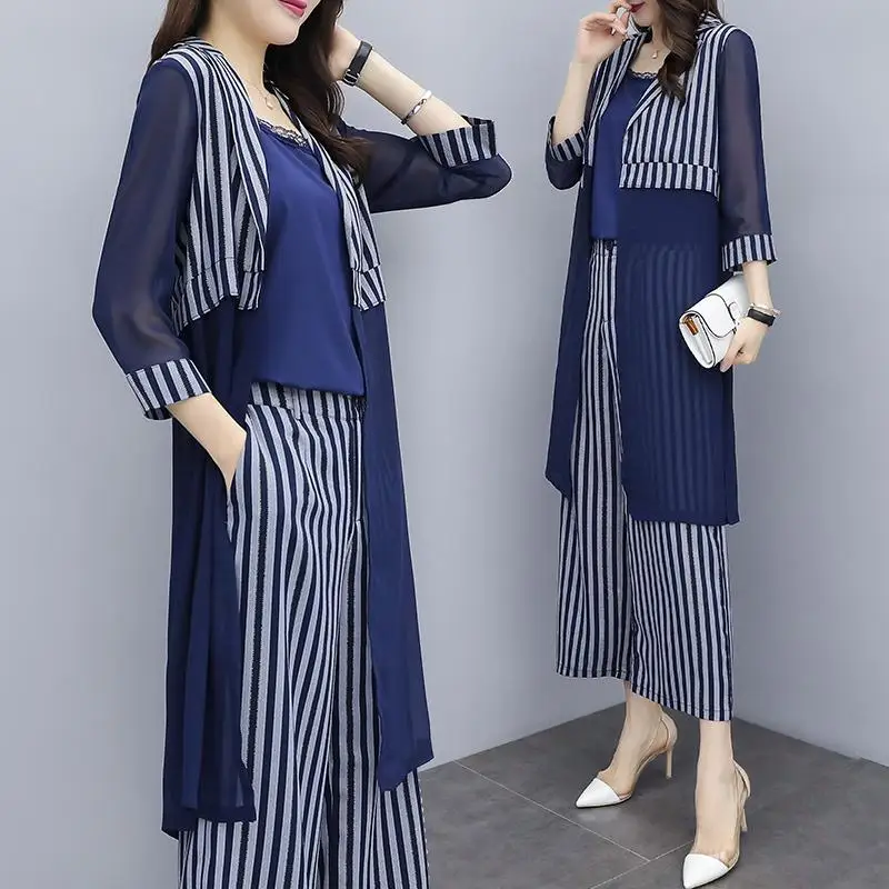 Комплект из 3 предметов в полоску; Модный женский костюм; Conjunto Feminino; комплект костюмов; Ensemble Femme Survetement - Цвет: Синий