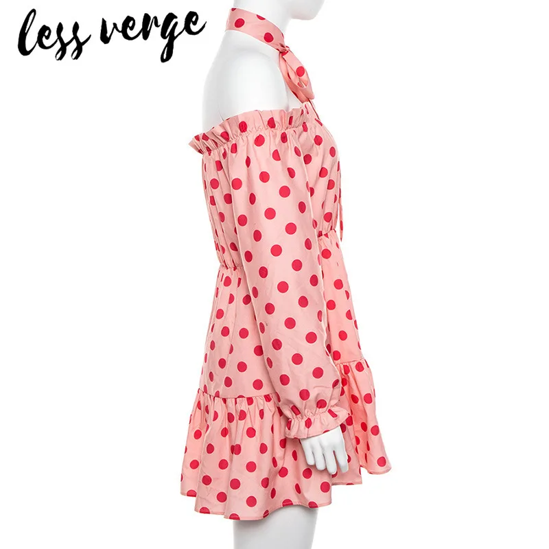Lessverge в горошек розовое винтажное платье сексуальное Холтер от плеча собранное