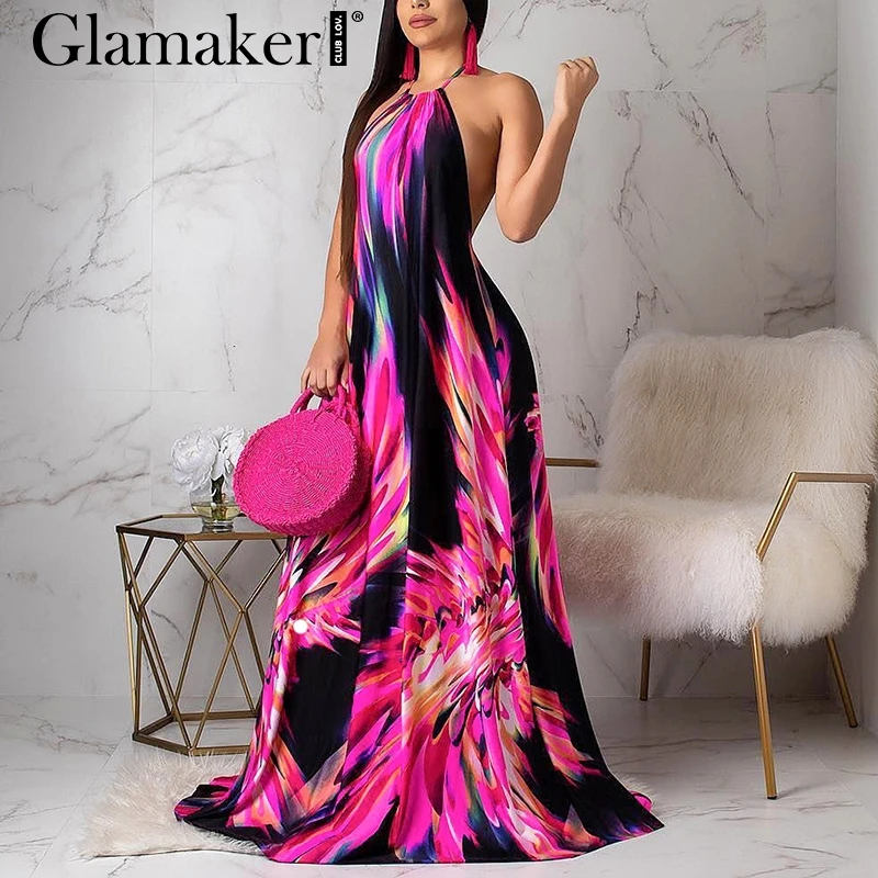 Glamaker пикантные boho нарядное платье макси для женщин цветочный принт Холтер спинки Дамы bodycon платье элегантные пляжные Вечерние Длинное