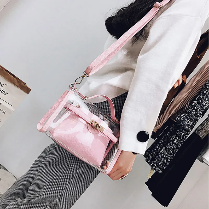 Hot Simple Fashion Women Messenger Bags Leather Lock Catch Transparent Handbag Ladies Sweet Girls Shoulder Bag BVN66 | Багаж и сумки
