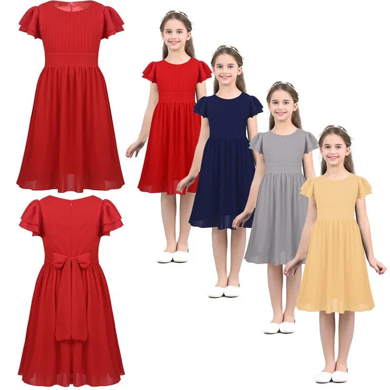 Детское многослойное плиссированное платье с короткими рукавами и круглым