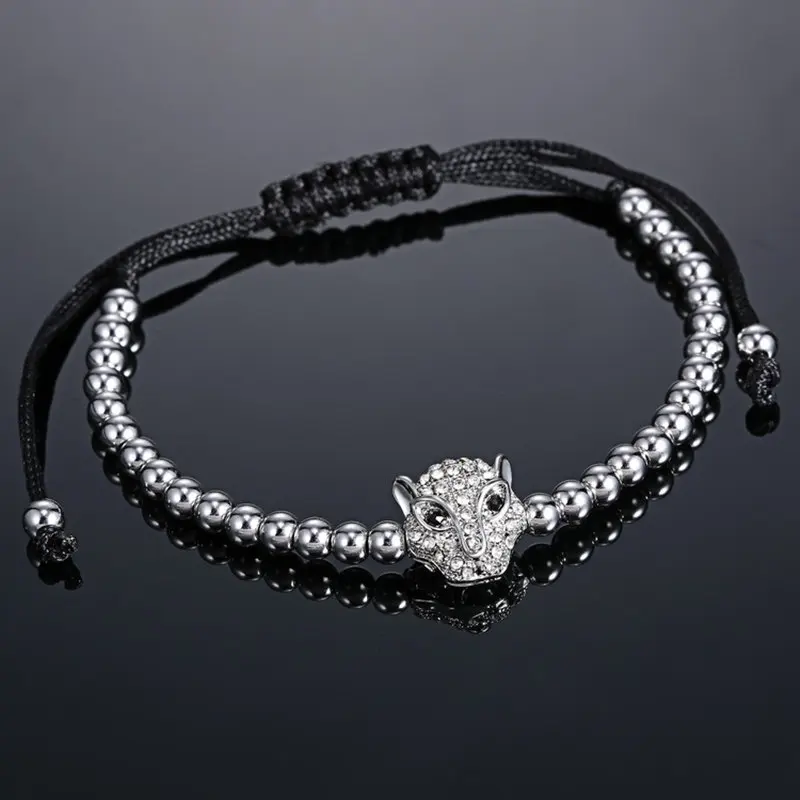 Модные мужские браслеты и микро паве CZ голова леопарда Плетеный макраме Шарм